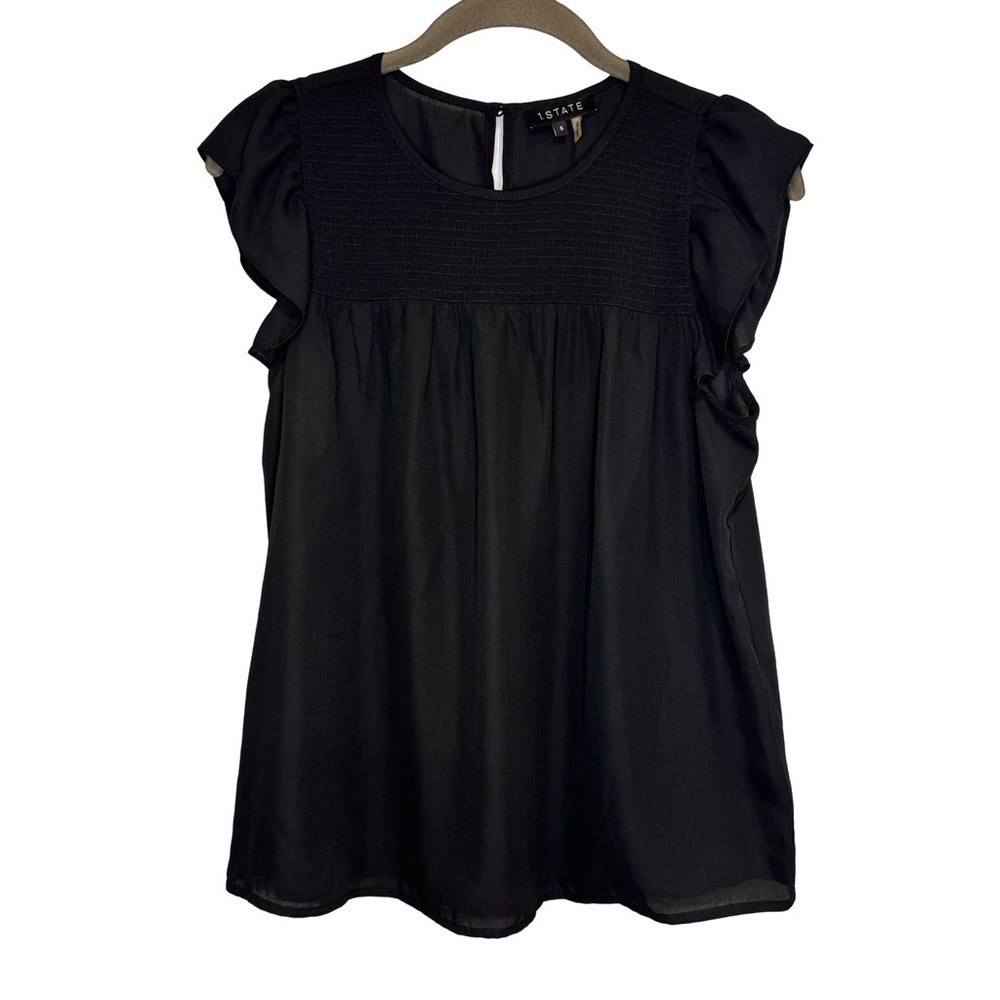 1. State Black Smocked Top Scoop Neck Flutter Sleeve Blouse size Small